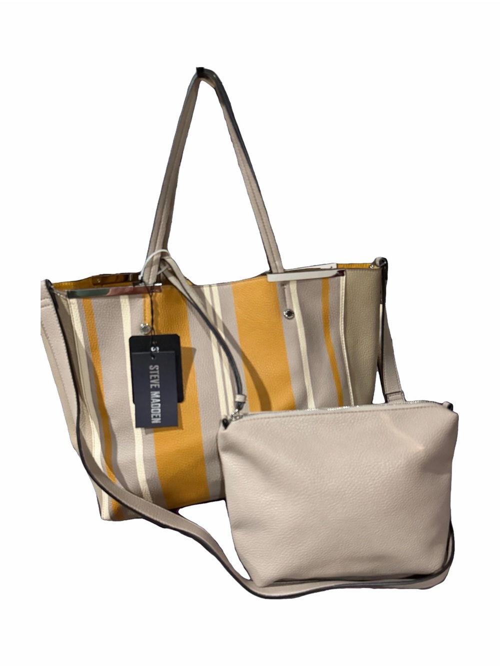NWT Steve Madden BGARRET Tote Grey Multi Mustard Stripe Large + Pouch